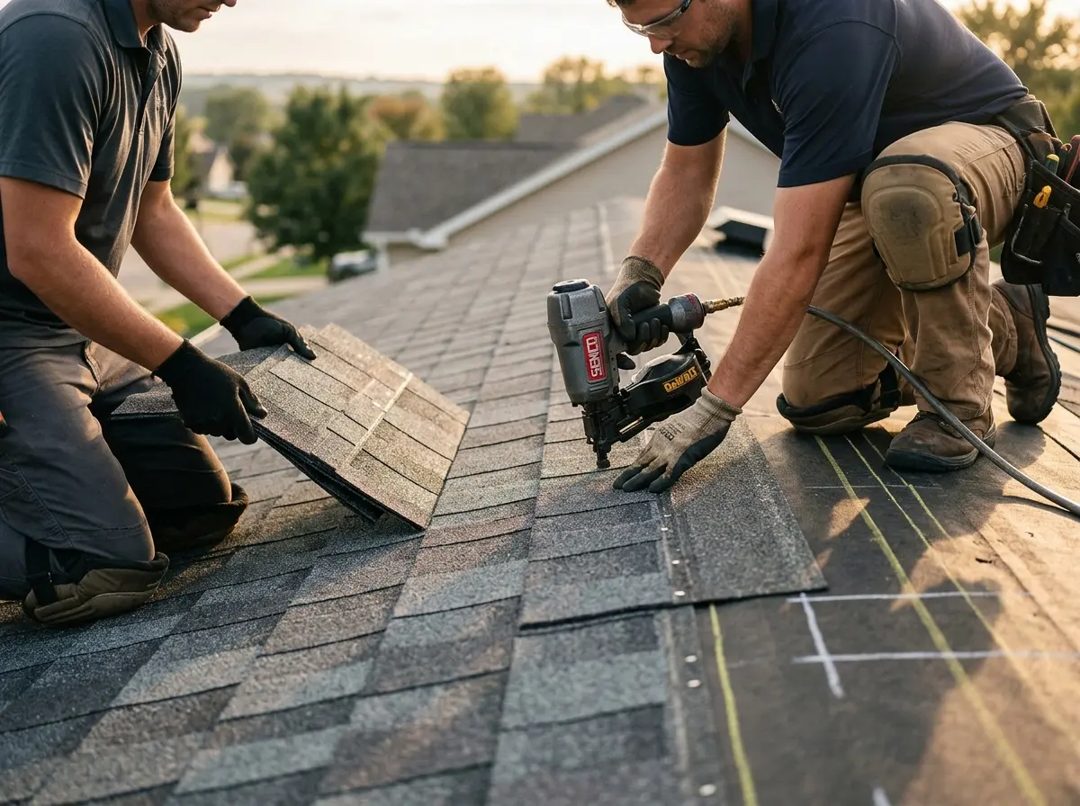 Professional roofer working on a residential roof in Hannibal
